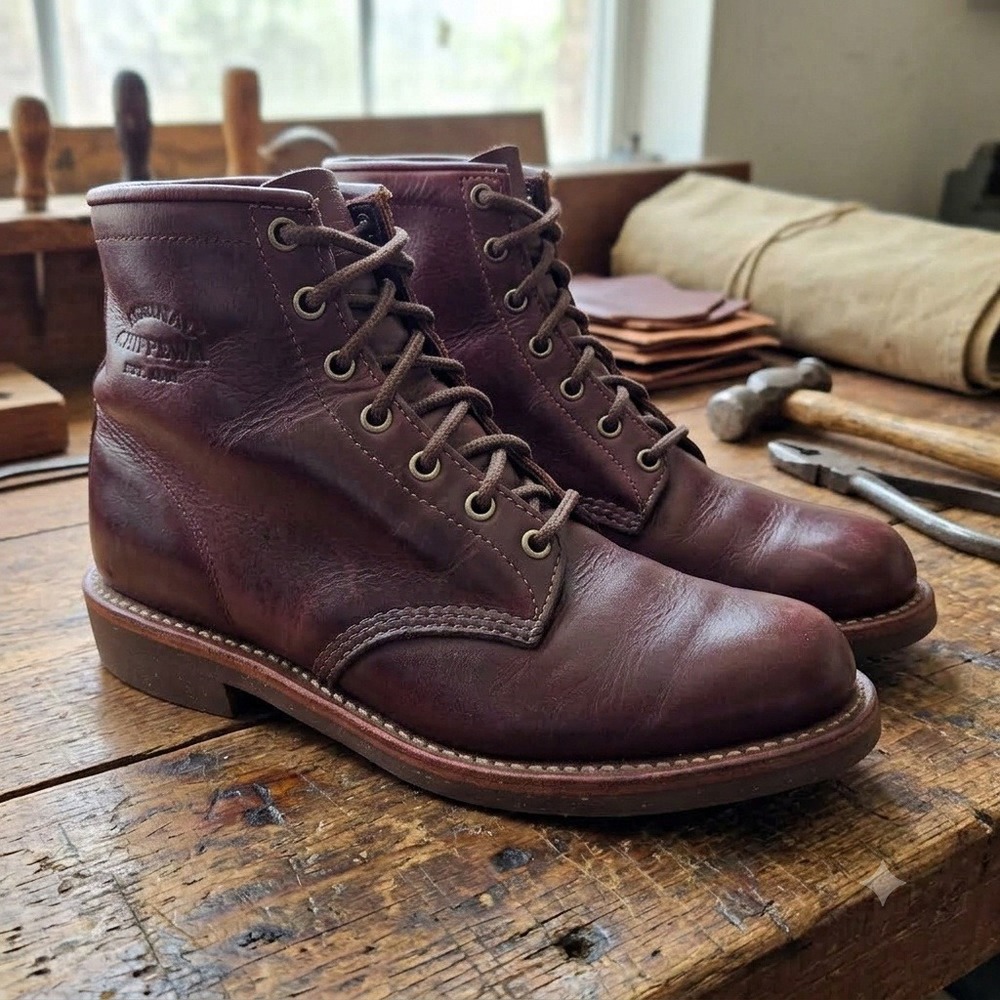 Original Chippewa Mens 6 Inch Service Boots Burgundy Leather Vibram USA 10D